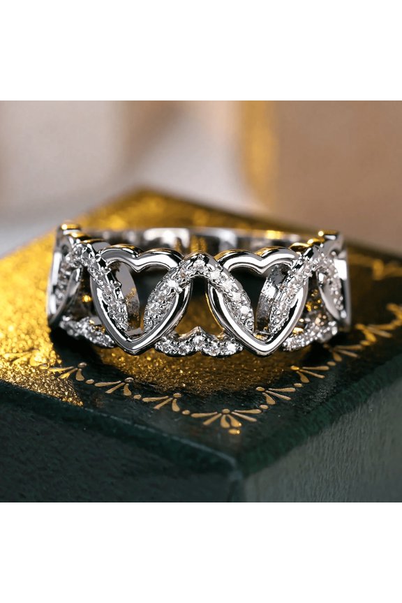 Zircon Heart-shaped Interlocking Ring, Commemorative Gift, Birthday Gift, Mother's Day Gift, Valentine's Day Gift, for Loved Ones