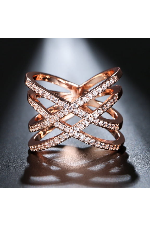 Zircon Inlaid Double Cross Ring Copper Gold Plated Womens Fashion Jewelry Elegant Statement Ring For Her Gleam