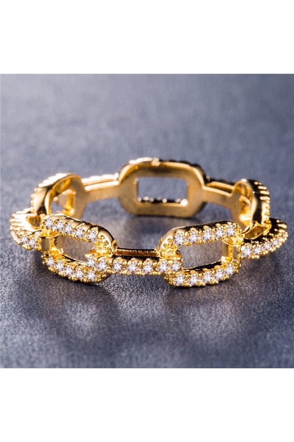 Zircon Inlaid Lock Chain Ring Gold Plated Copper Geometric