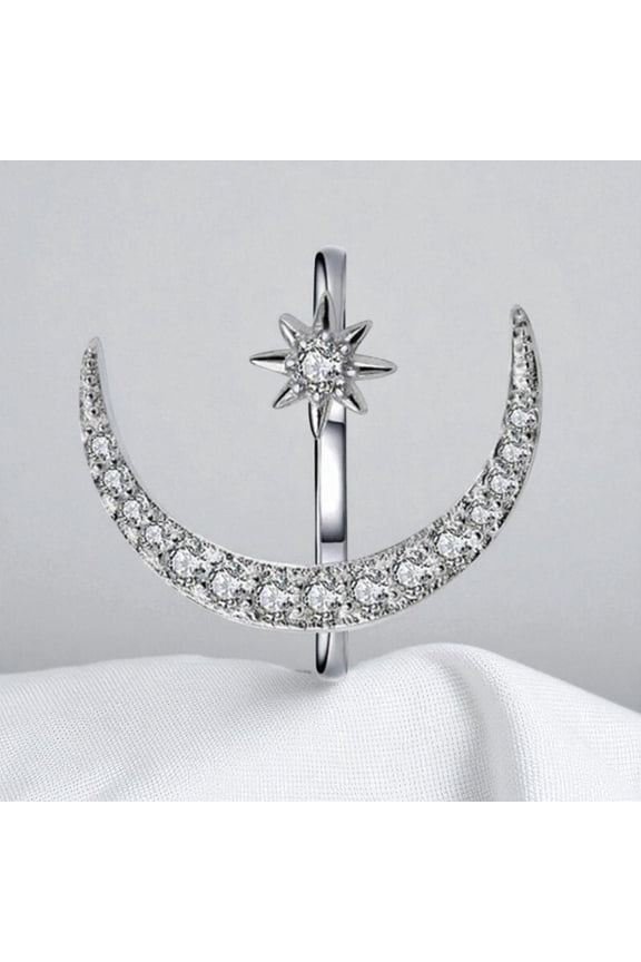 Zircon Moon Sun Star 925 Sterling Silver Adjustable Crescent Moon Artificial Diamond Ring Goth Halloween Christmas Gift for Women