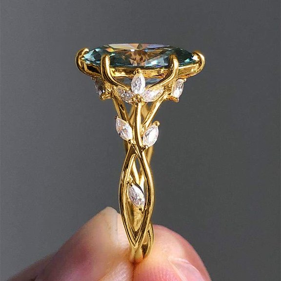 Zircon Ring Female Court Leaf Vine Design Inlaid Zircon Copper Band Leaves White Blue Red Green Purple Size Six