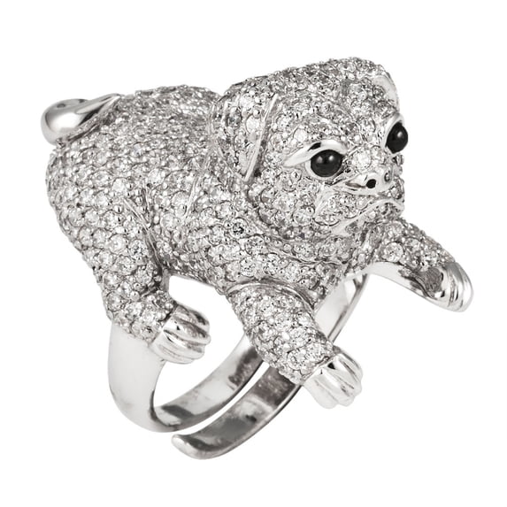 Zirconia Studded Pug Sterling Silver Adjustable Ring