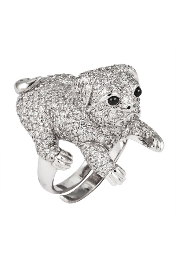 Zirconia Studded Pug Sterling Silver Adjustable Ring