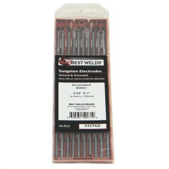 Zirconiated Ground Tungsten Electrode, 3/32 in x 7 in, 10 PK