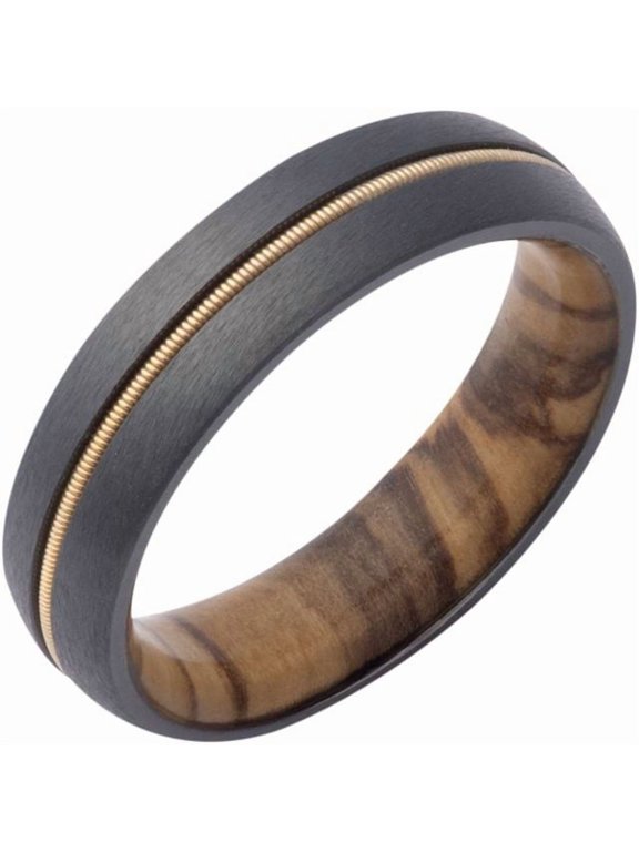 Zirconium 6 mm Guitar String Inlay & Olive Wood Sleeve Comfort-Fit Half Round Band Size 10 - Solid Gold Fine Jewelry | Jewelry by Sweet Pea