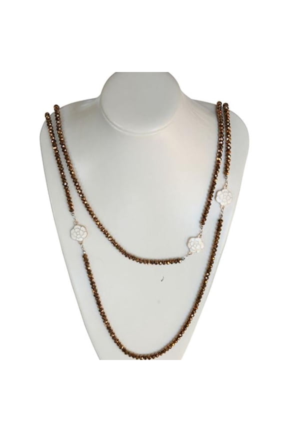 Goldtone Beaded Necklace with Enamel and Goldtone Flower - Gold - 36 Inches