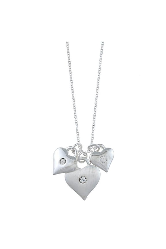 Silvertone Triple Heart and Crystal Love Charm Necklace - Clear