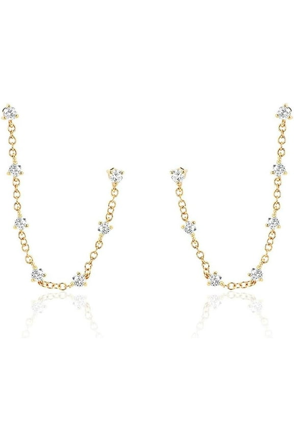 Zircons Stud Earrings For Women Double Studs Chain Tassel Piercing Earring 18K Gold Plated Cartilage Cubic Zirconia Two Hole Wedding Climber Crawler Wrap Earrings Threader Dangle Eternity Gift Mom Bff
