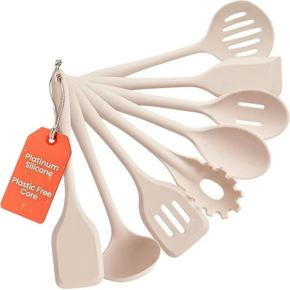 Non-Toxic 8-Piece Platinum Silicone Kitchen Utensil Set  BPA-Free, Stainless Steel Core, Heat Resistant 500F, Non-Stick and Dishwasher Safe Cooking Tools  Beige