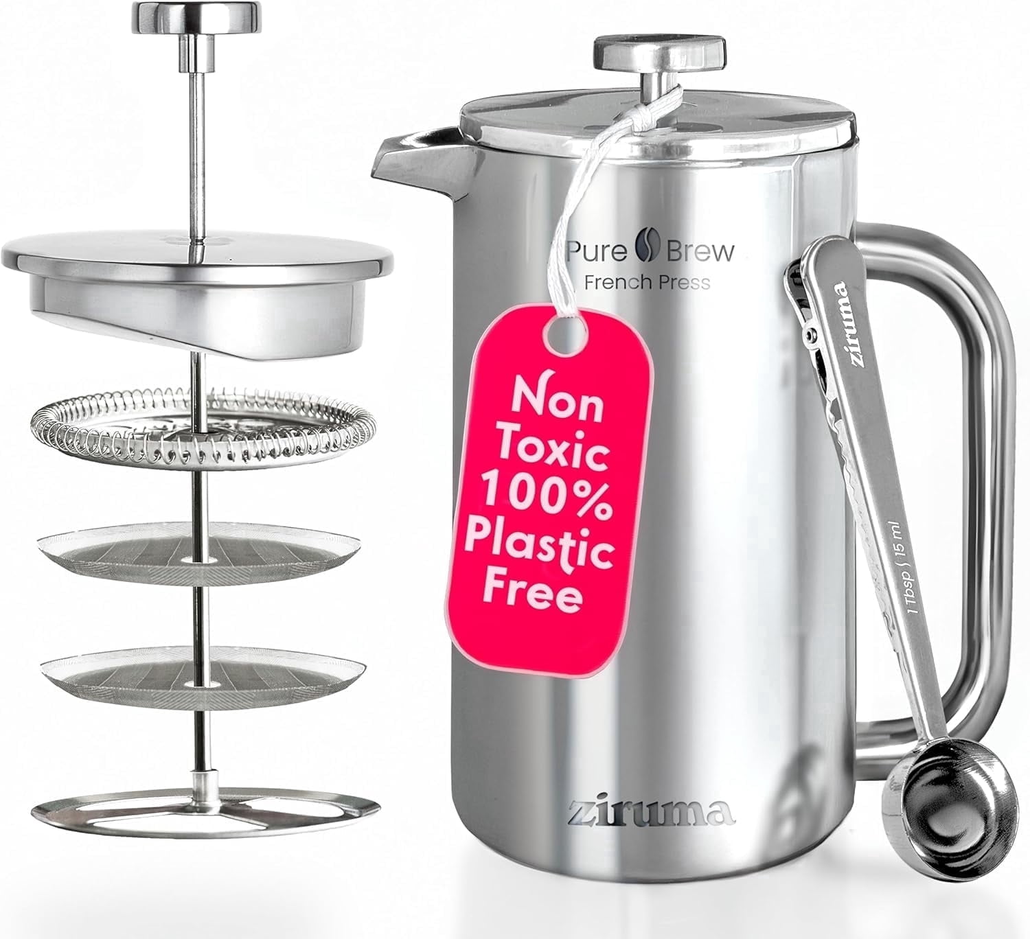 Ziruma French Press Coffee Maker: Non-Toxic Surgical 316 Stainless Steel, Plastic-Free, 34 Oz