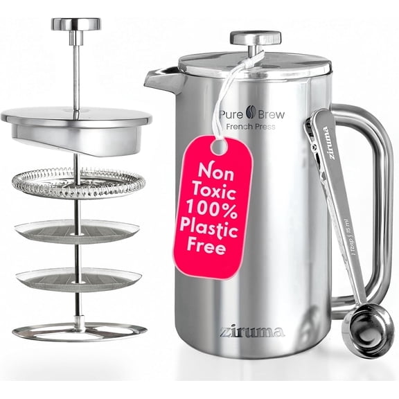 Ziruma French Press Coffee Maker: Non-Toxic Surgical 316 Stainless Steel, Plastic-Free, 34 Oz