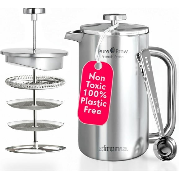 Ziruma French Press Coffee Maker: Non-Toxic Surgical 316 Stainless Steel, Plastic-Free, 34 Oz