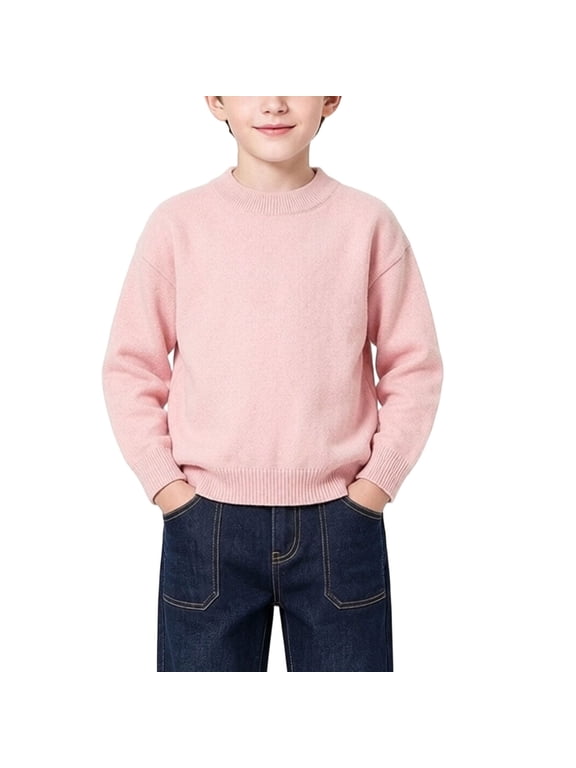 Boys Sweater Long Sleeve Mock Neck Pullover Tops Soft Warm Textured Casual Knitwear Kids Fall Winter Clothes(Pink,11-12 Years)