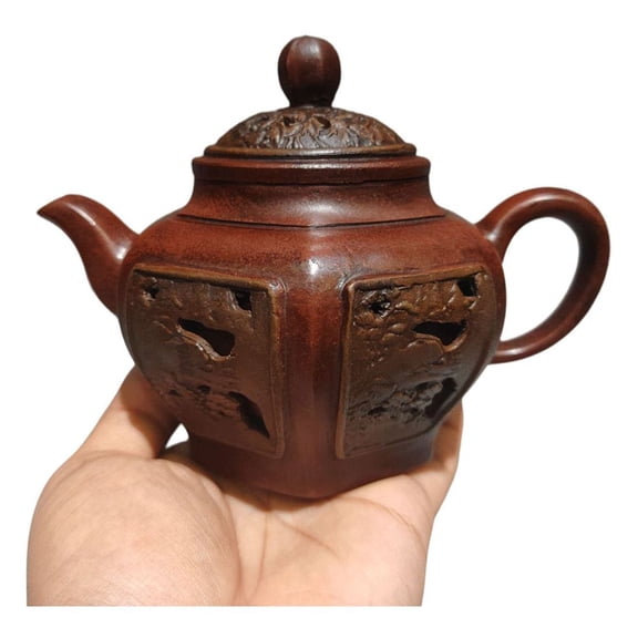 Zisha Bonsai Pot Purple Water Kettle Filter Hexagonal Structured Geometric Contour Form Artisan Pierced Openwork Relief Carving