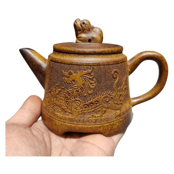 Zisha Purple Clay Teapot Sand Fired Pot Carved Embossed Relief Dragon Traditional Bell Shape Vintage Kiln Form Style