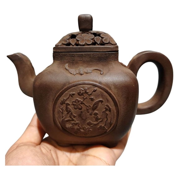 Zisha Purple Clay Teapot Sand Fired Pot Carved Embossed Textured Pierced Square Circular Floral Bat Footed Relief Calligraphy
