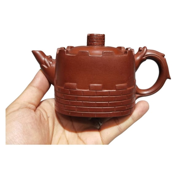 Zisha Purple Clay Teapot Sand Fired Pot Flat Round Shape Smooth Contour Low Profile Flowing Lines Sleek Artisan Carved Engraved