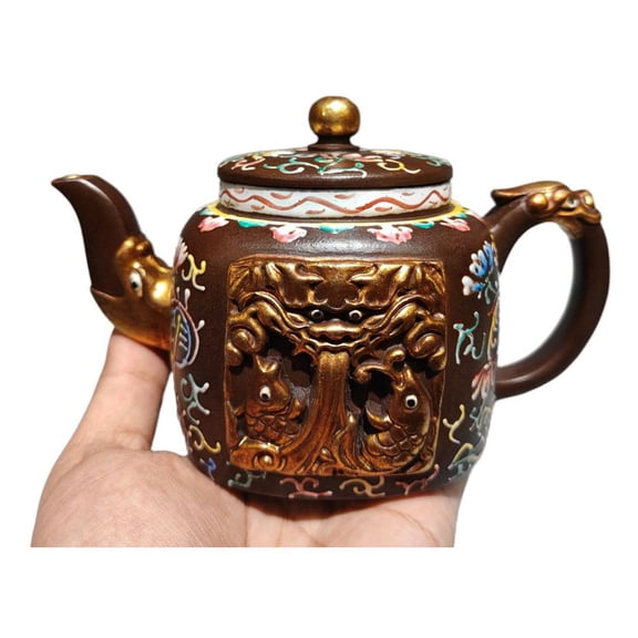 Zisha Purple Clay Teapot Sand Fired Pot Gilt Gold Gilded Enamel Painted Hexagonal Hexagon Shaped Six Sided Elephant Head