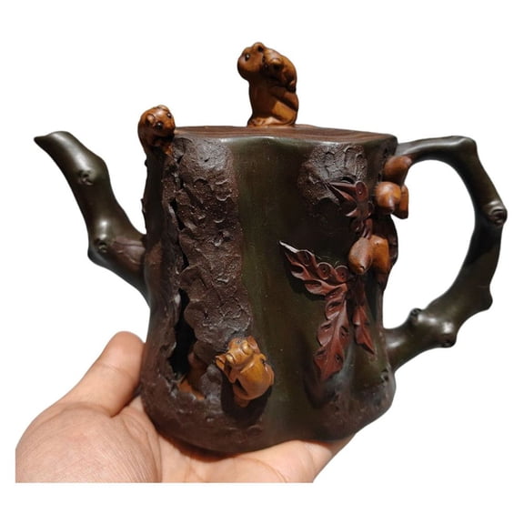 Zisha Purple Clay Teapot Sand Fired Pot Monkey Sculpted Carved Stump Branch Bark Fruit Textured Artisan Realistic Statue