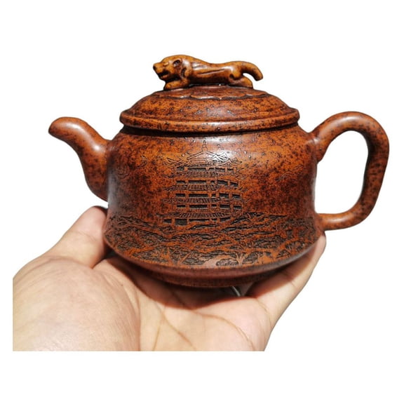 Zisha Purple Clay Teapot Sand Fired Pot Ruyi Auspicious Mythical Embossed Sculpted Rounded Globular Spherical Bulbous Rotund
