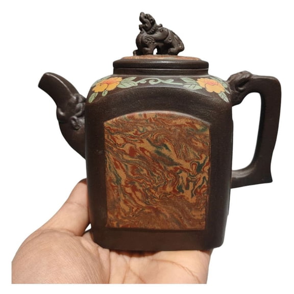 Zisha Purple Clay Teapot Sand Fired Pot Sculpted Carved Relief Floral Marbled Agateware Finial Square Art