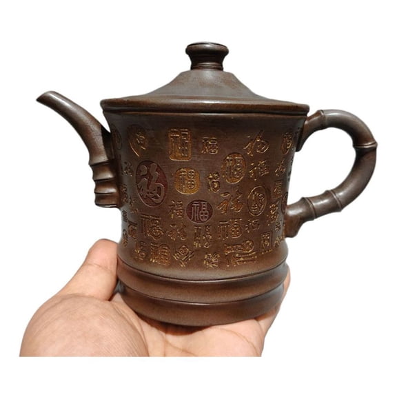 Zisha Tea Set Pot Colander Bamboo Tube Vessel Cylindrical Cylinder Shaped Joint Gold Accented Embossed Engraved Figurine