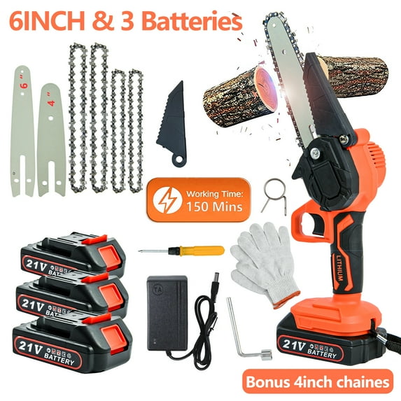 Ziss 4-Inch+6-Inch Mini Chainsaw Kit with 3 Rechargeable Batteries, Portable Electric Cordless Handheld Chain Saw for Tree Branches, Courtyard, Household and Garden