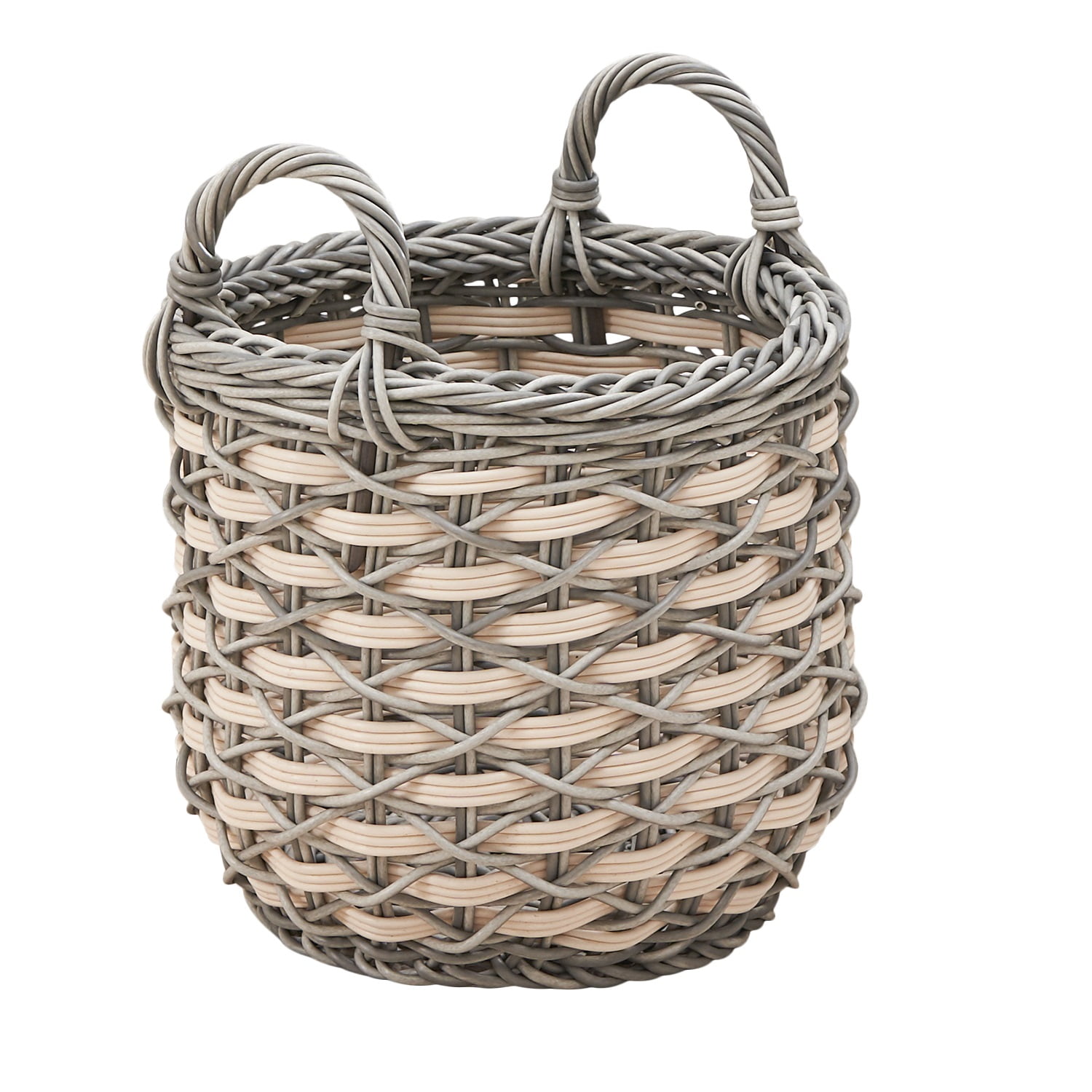 Zita Round White-Gray Resin Woven Wicker Storage Basket with Handles