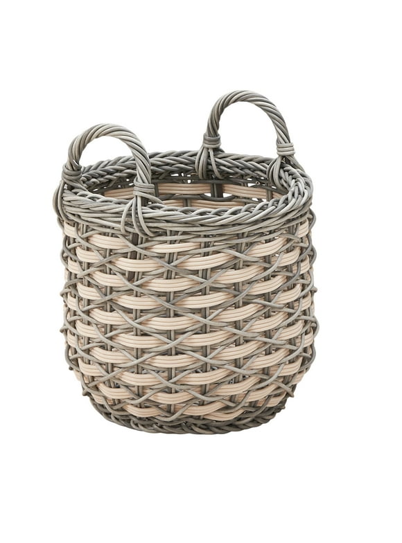 Zita Round Resin Woven Wicker Multi-Use Storage Basket with Handles - 18" x 18" x 19" - White-Gray - For Towel, Toys, Magazines Storage and Home Decoration