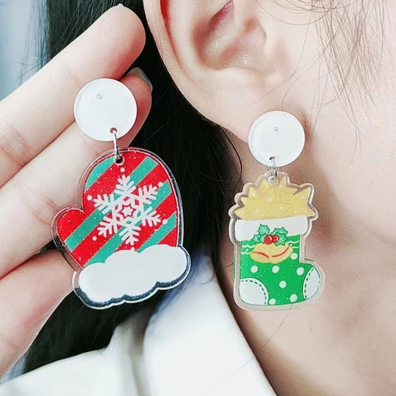 Ziurtnc 1 Pair Cartoon Santa Claus Christmas Gloves Bells Snowman Dangle Earrings Vintage Acrylic Exaggerated Xmas Stud Drop Earrings Jewelry Gift