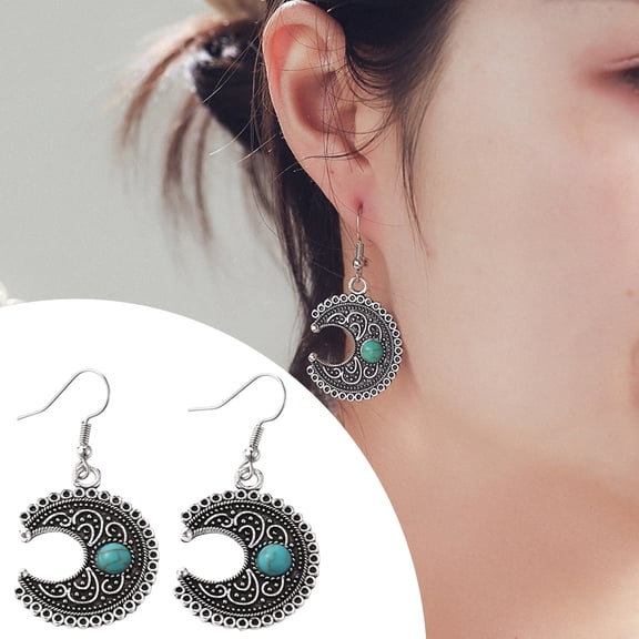 Ziurtnc 1 Pair Women Dangle Earrings Ethnic Crescent Shape Retro Bohemian Style Faux Turquoise Stainless Alloy Ear Decoration Jewelry Long Hanging Earrings