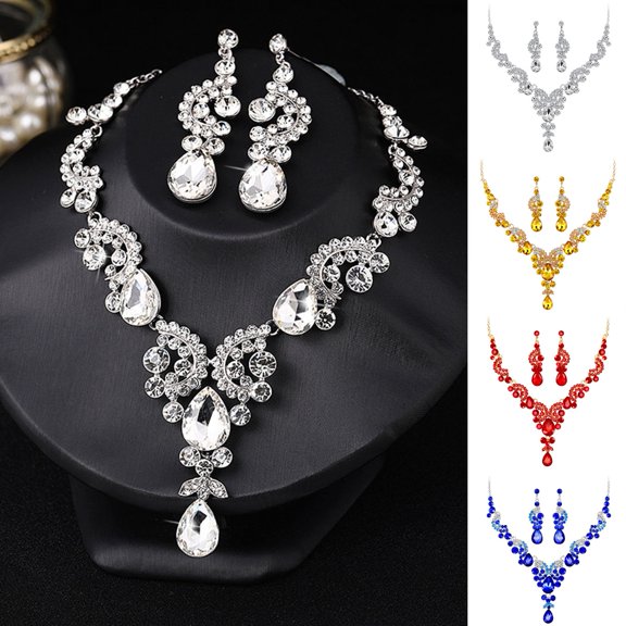 Ziurtnc 1 Set Jewelry Set Necklace Earrings Luxurious Rhinestone Exquisite Sparkling Color Matching Pendant Necklace Long Hanging Earrings Bride Neck Ear Decoration Jewelry