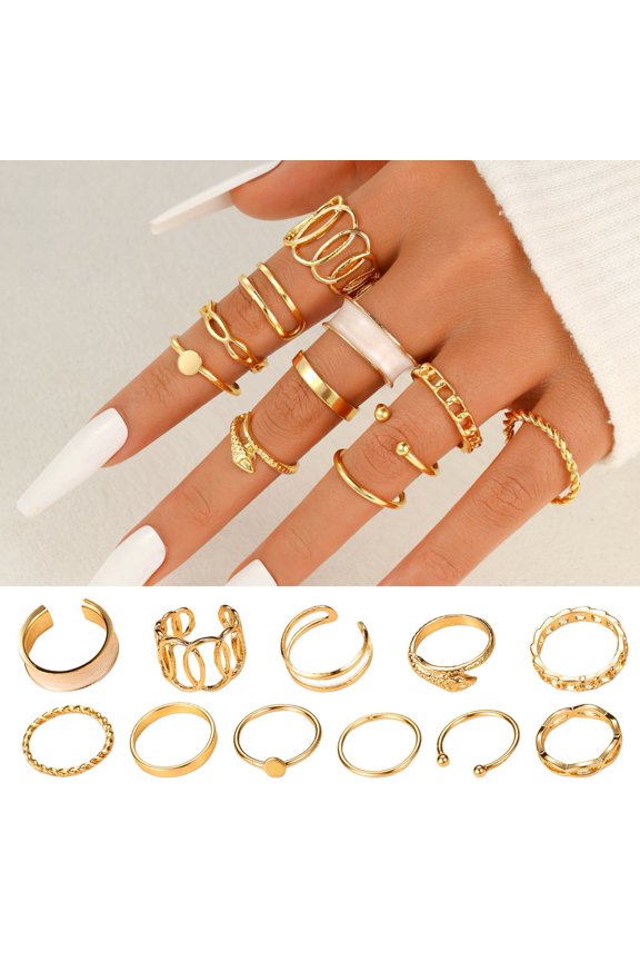 11 Pcs/Set Women Ring Set Hollow Out Multi Shapes Twisted Polished Smooth Alloy Adjustable Open Ring Commute Stackable Knuckle Ring Finger Jewelry