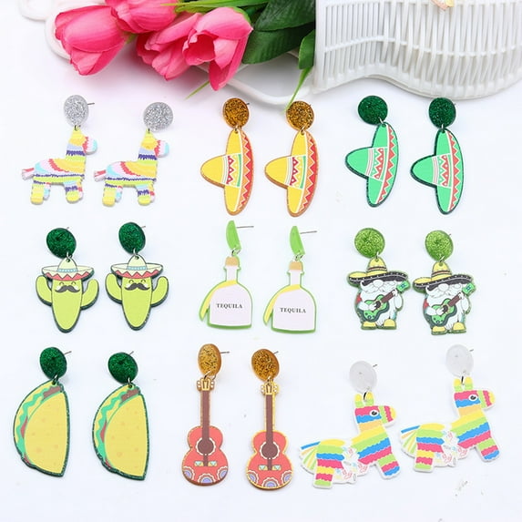 Ziurtnc 2Pcs Mexican Carnival Stud Earrings Colorful Hats Violin Design Various Styles Mexican Earrings for Women