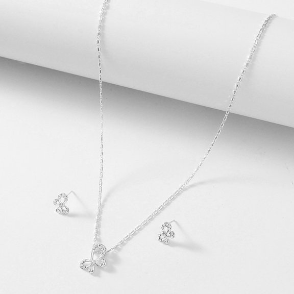 Ziurtnc 2Pcs/Set Necklace Earrings Set Bowknot Shape Adjustable Extension Chain Shining Rhinestone Choker Necklace Stud Earrings Set Jewelry Accessories