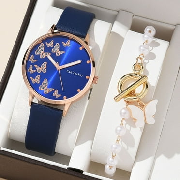 Ziurtnc 2Pcs/Set Women Watch Bracelet Set Quartz Watch Butterfly Decor Rhinestone Faux Pearl Exquisite Stainless Adjustable Faux Leather Strap Lady Wrist Jewelry
