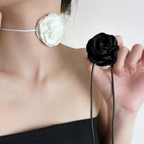 Ziurtnc 3D Rose Flower Women Choker Necklace Retro Black White Elegant Lace Up Adjustable Strappy Collar Necklace Party Supplies