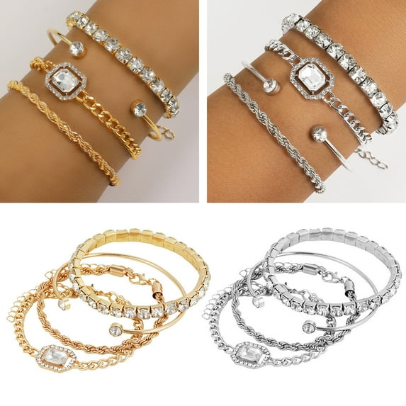 Ziurtnc 4 Pcs Rhinestone Bracelets for Women Multiple Layered Stackable Bracelet Open Cuff Wrap Bangle Adjustable Link Cuban Punk Jewelry for Women Girls Gift