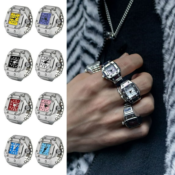 Ziurtnc Alloy Ring Watch Elastic Stainless Steel Band Square Dial Men Women Couple Watch Finger Ring Birthday Gift Fashion Accessories
