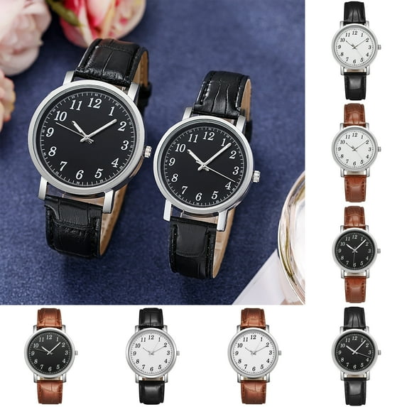 Ziurtnc Couple Watch Round Battery Operated Faux Leather Strap Elegant 3-Hand Birthday Gift Adjustable Men Women Quartz Wrist Watch Fashion Jewelry
