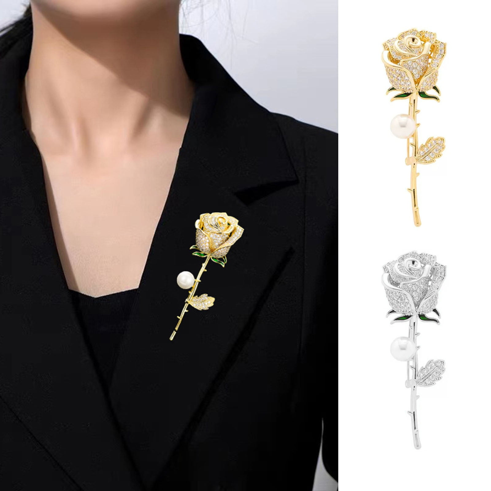 Ziurtnc Elegant Rose Flower Shape Brooch Rhinestones Inlaid