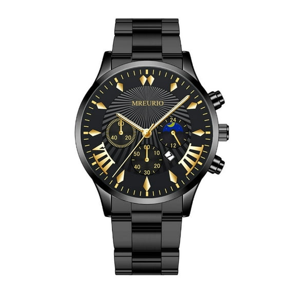 Ziurtnc Men Quartz Watch Round Dial Three-eye Calendar Steel Band Mechanical No Delay Time-checking High Accuracy Daily Wristwatch Timepieceh