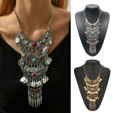 Ziurtnc Statement Necklace Exaggerated Round Coins Tassels Colored Turquoise Layered Gift Hypoallergenic Vintage Ethnic Women Necklace Fashion Jewelry