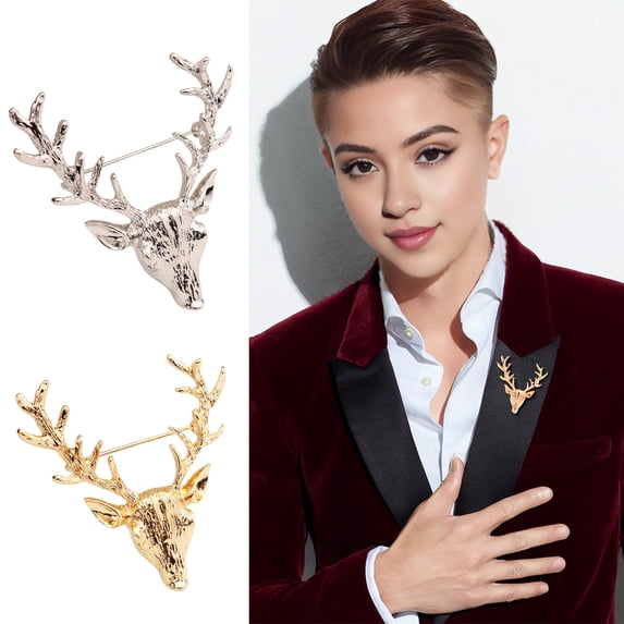 Ziurtnc Unisex Brooch Retro Antler Shape Stainless Exquisite Vintage Anti-slip Wear-resistant Coat Collar Hat Scarf Decoration Clothes Pin Garment Jewelry