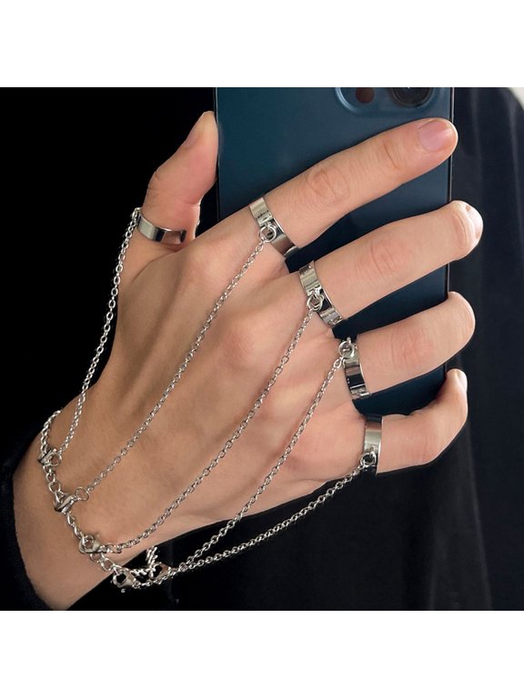 Women Hand Chain Punk Style Five Rings Solid Color Wrist Chain Ring Unisex Charm Hip Hop Chain Open Rings Set Couple Jewelry
