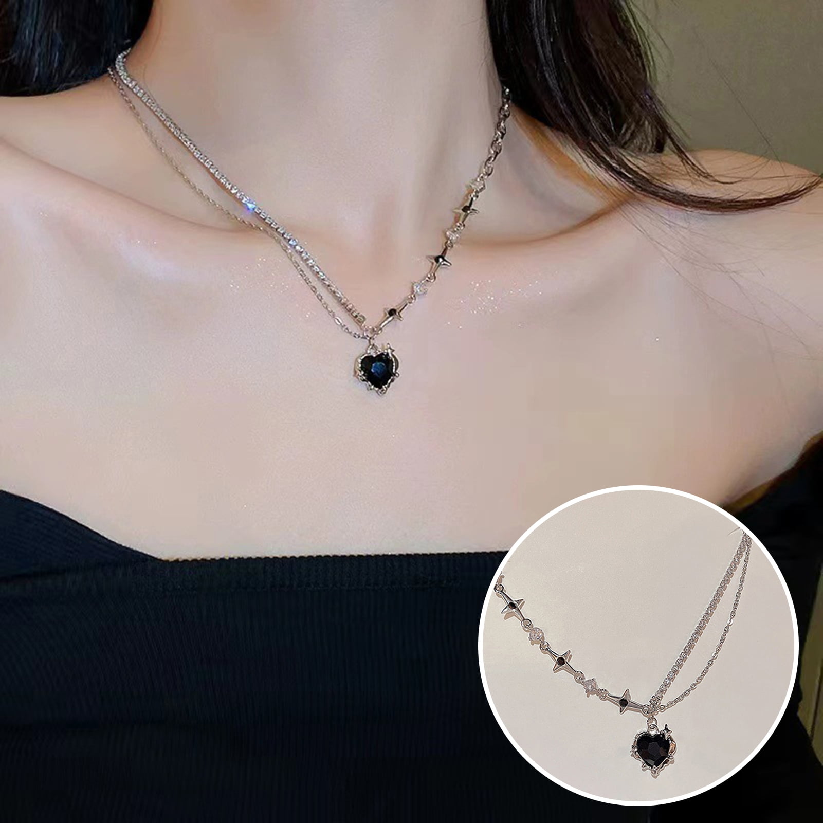 ネックレス・ペンダント ROMANTINUER SN83 NECKLACE BLACK HEART STRING O-Ring Slip Chain Necklace For Women, Handmade Punk Rock
