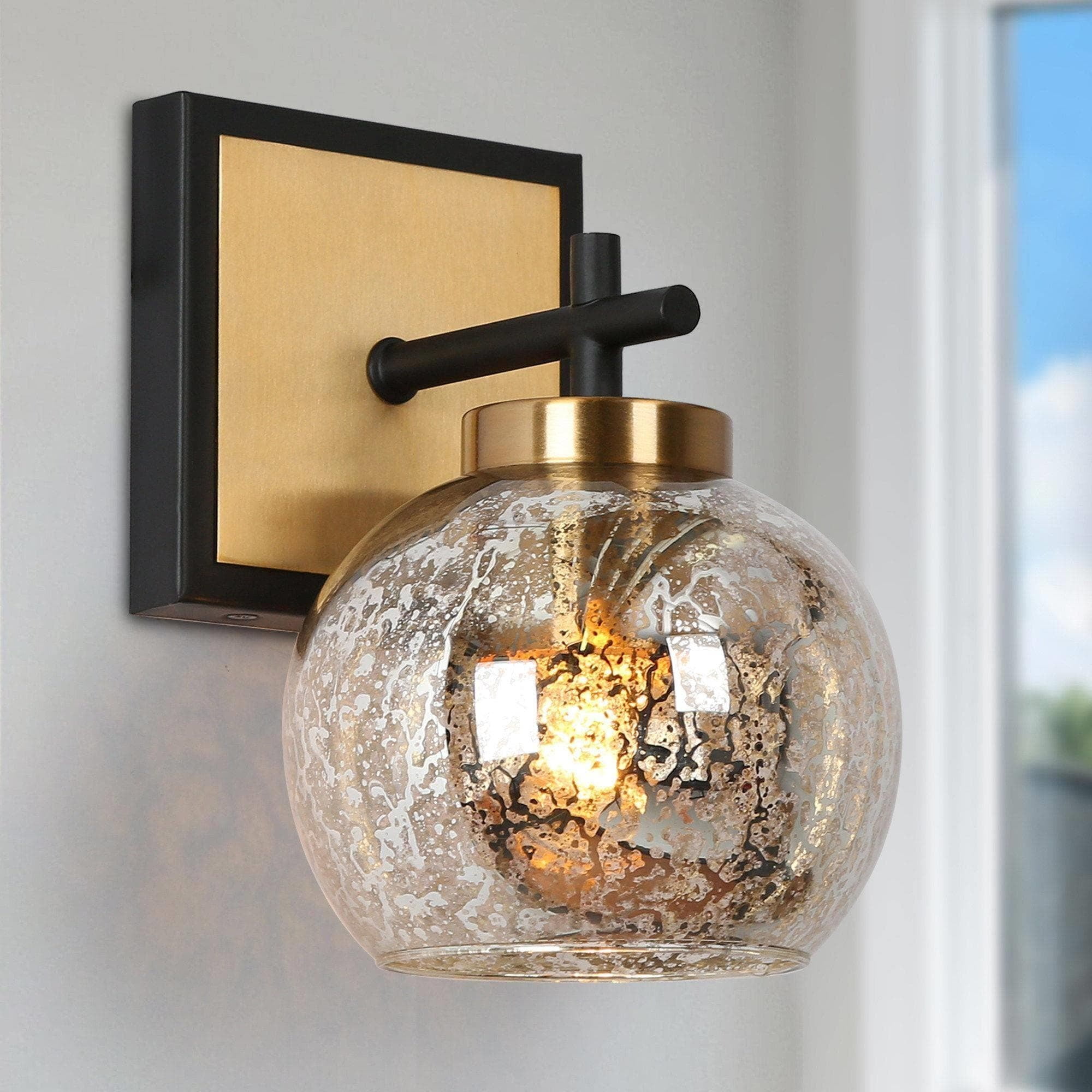 Ziv Modern 1 Light Black Gold Wall Sconce Mercury Glass Vanity