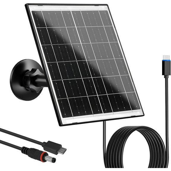 Zivif Solar Panel for Security Camera, 10W Charger Compatible with Battery-Powered USB-C, Micro USB & DC 5.5x2.1mm Port, 360 Adjustable Mount, 7.2ft Cable