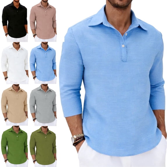 Zivyakyron 3/4 Sleeve Polo T Shirts for Men Office Button Fall Casual Collared Shirt Vacation Loose Plain Blue 2XL