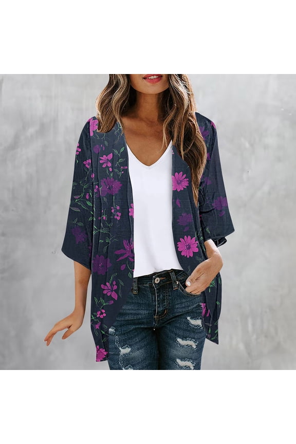 3/4 Sleeve Womens Cardigans Light Casual Summer Tops Women Floral Open Front Coverup Loose Tops